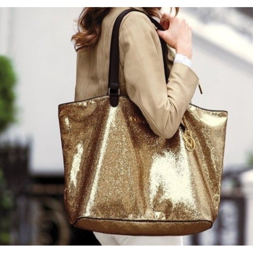 NEW Victoria’s Secret Large Tote Bag Gold Glitter Everyday Overnight Bag Bling